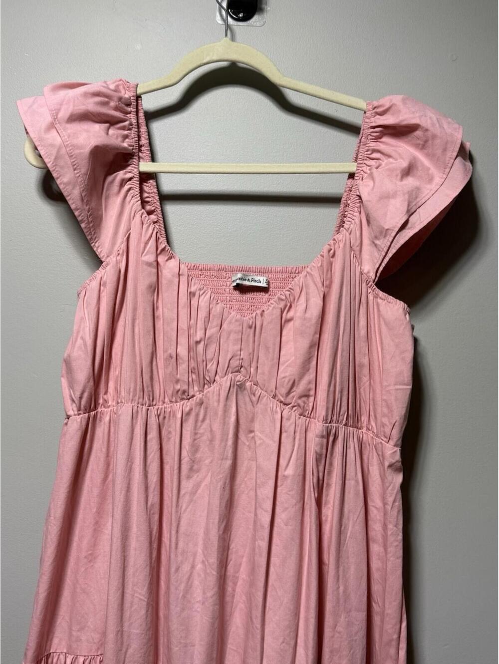 Abercrombie & Fitch Pink Poplin Tiered Smocked Square Neck Maxi Dress XLT - Picture 2 of 8
